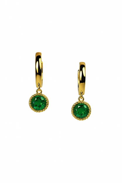 14k Yellow Gold Dangle Round Birthstone Huggie Earrings