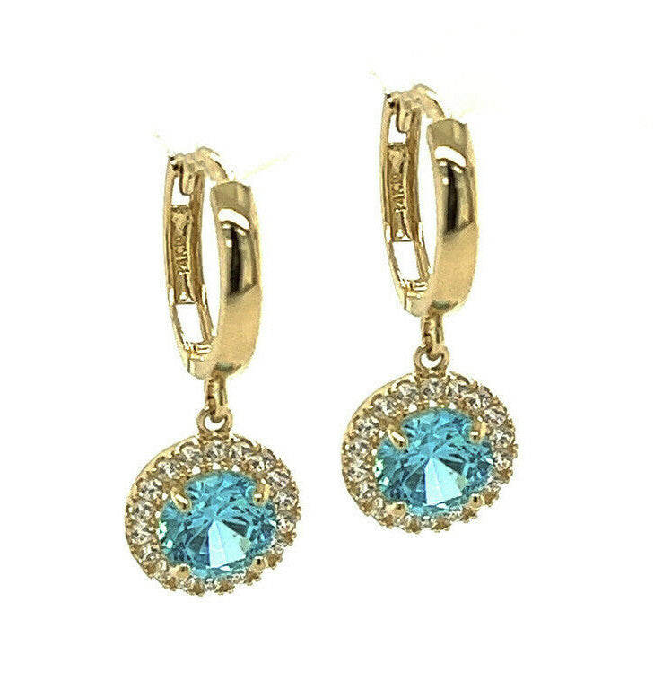 14k Yellow Gold Beautiful Halo Birthstone Round Shaped Huggie Earrings for Women