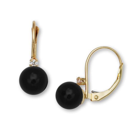 14K Yellow Gold Gorgeous CZ Black Onyx Leverback Earrings for Women