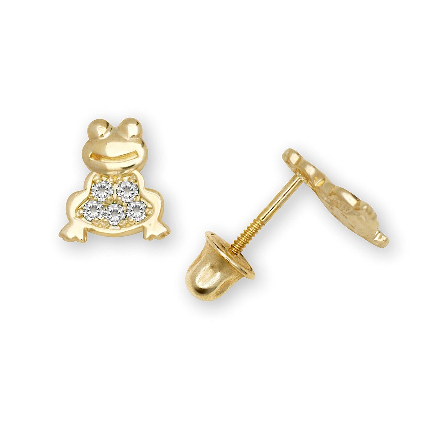 14K Yellow Gold CZ Frog Screw Back Studs Earrings for Girls