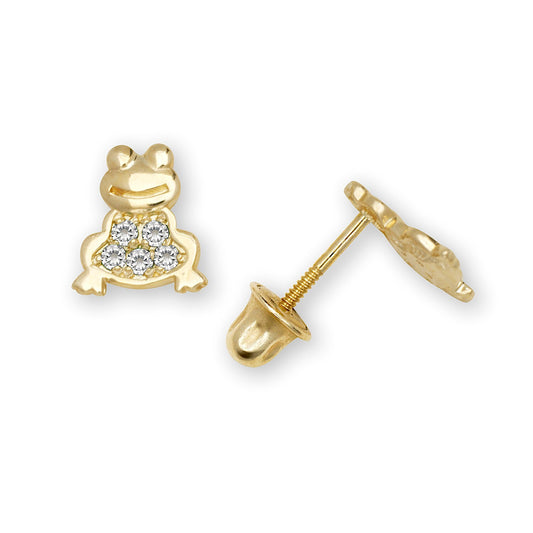 14K Yellow Gold CZ Frog Screw Back Studs Earrings for Girls