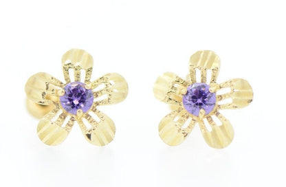 yellow gold 14k flower earrings cz stud back screw