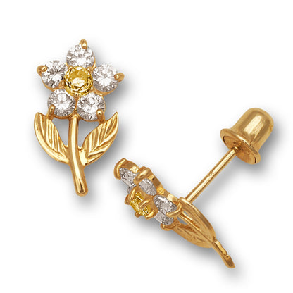 14K Yellow & White Gold Flower Shape Stud Earrings for Women