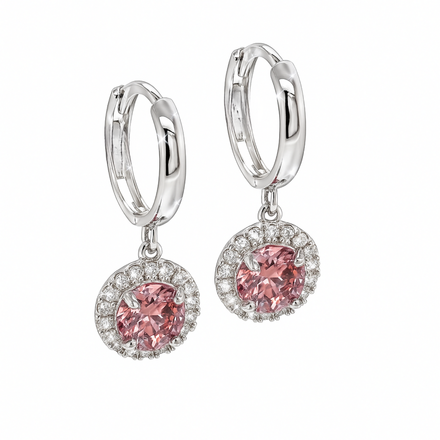 14k White Gold Halo Round Shaped pretty Birthstone Huggie Earrings for Women