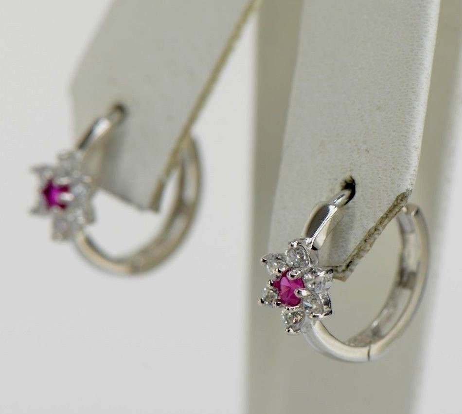 14k White Gold Flower Huggies Hoop Earring Birthstone