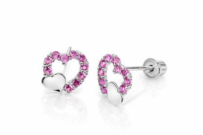 14K Yellow or White Gold Double Heart Stud Earrings with CZ  (Cubic Zirconia)