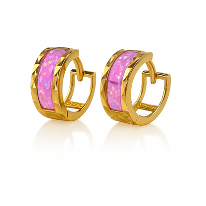 14k Yellow Gold Light Pink Opal Huggie Hoop Earrings