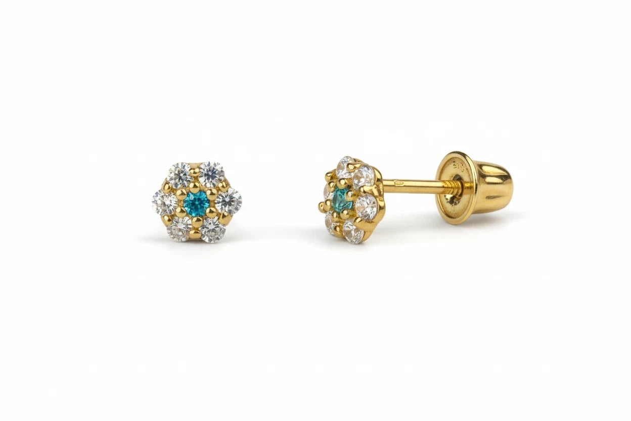 14K Yellow Gold Flower Shaped  Screw Back Stud Earrings for Women