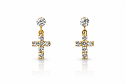 14K Yellow White Gold Cubic Zirconia CZ Cross Dangle Earrings