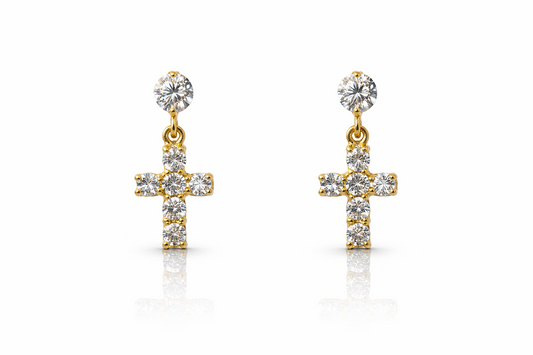 14K Yellow White Gold Cubic Zirconia CZ Cross Dangle Earrings