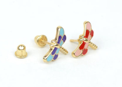 14k Yellow Gold Baby Enamel dragonfly earrings with Screw Back