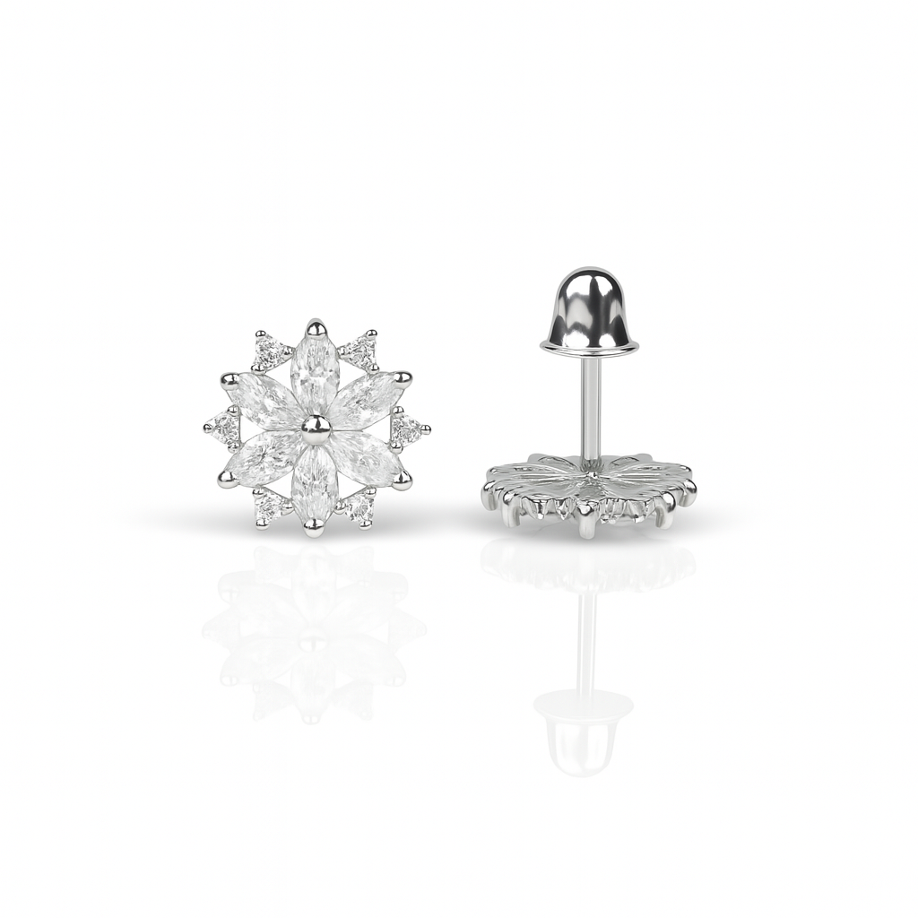 14K  White Gold Beautiful CZ Flower Stud Earrings for Women