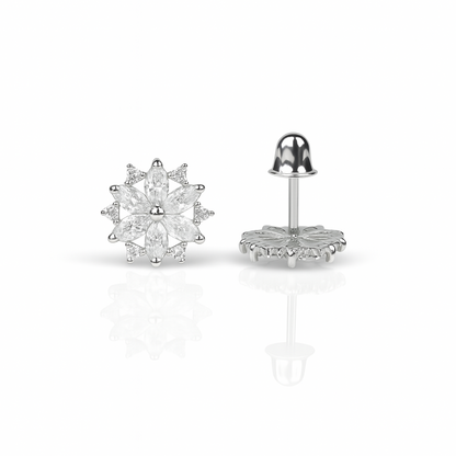 14K  White Gold Beautiful CZ Flower Stud Earrings for Women