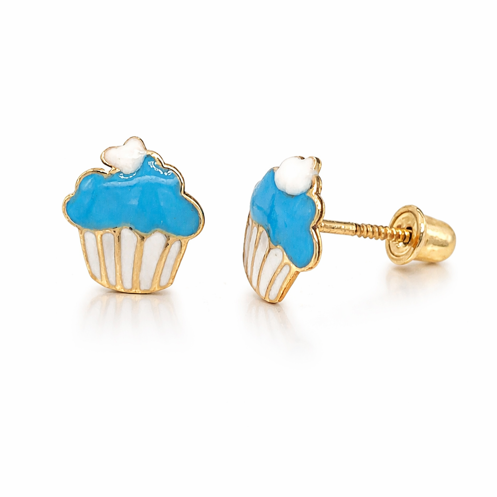 14k Yellow Gold Enamel Cup-Cake Screw Back Earrings