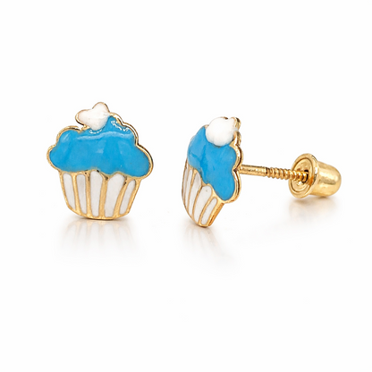 14k Yellow Gold Enamel Cup-Cake Screw Back Earrings