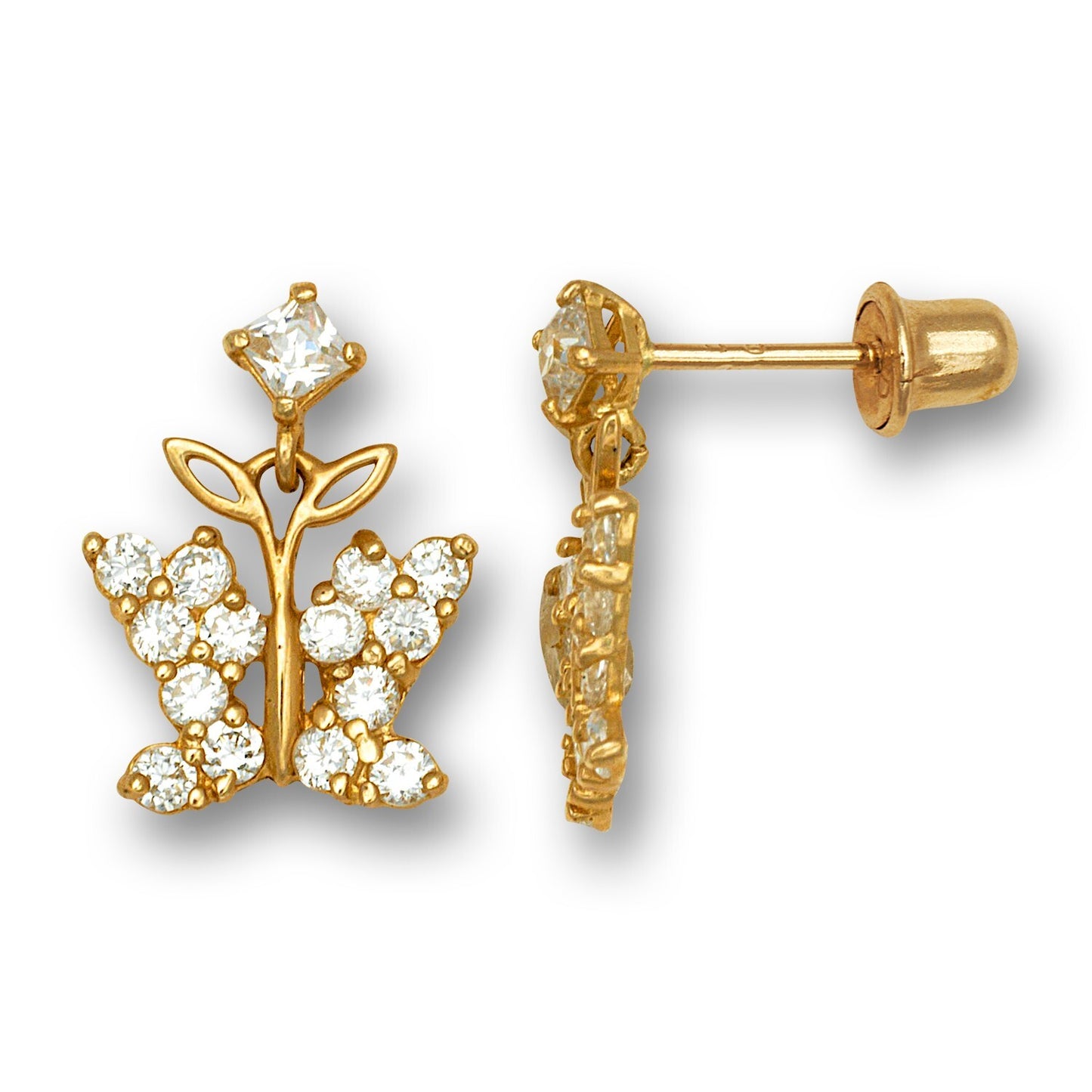 14K Yellow Gold Butterfly Cubic Zirconia Stud Earrings For Kids