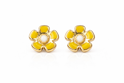14k Yellow Gold Baby Enamel Flower earrings, Screw Back