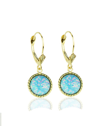 14k Yellow Gold Opal Round Flat Dangle Leverback Earrings