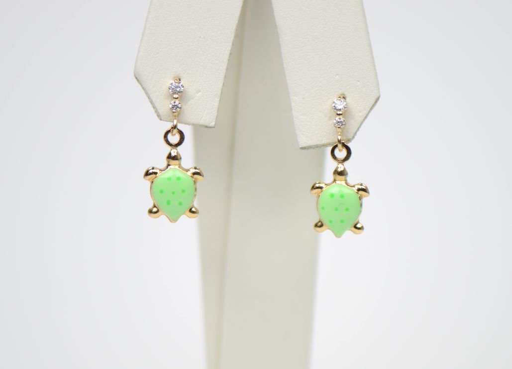 14K Solid Yellow Gold Turtle Enamel Dangle Screw Back Baby Earrings