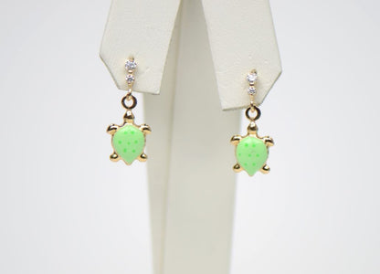 14K Solid Yellow Gold Turtle Enamel Dangle Screw Back Baby Earrings