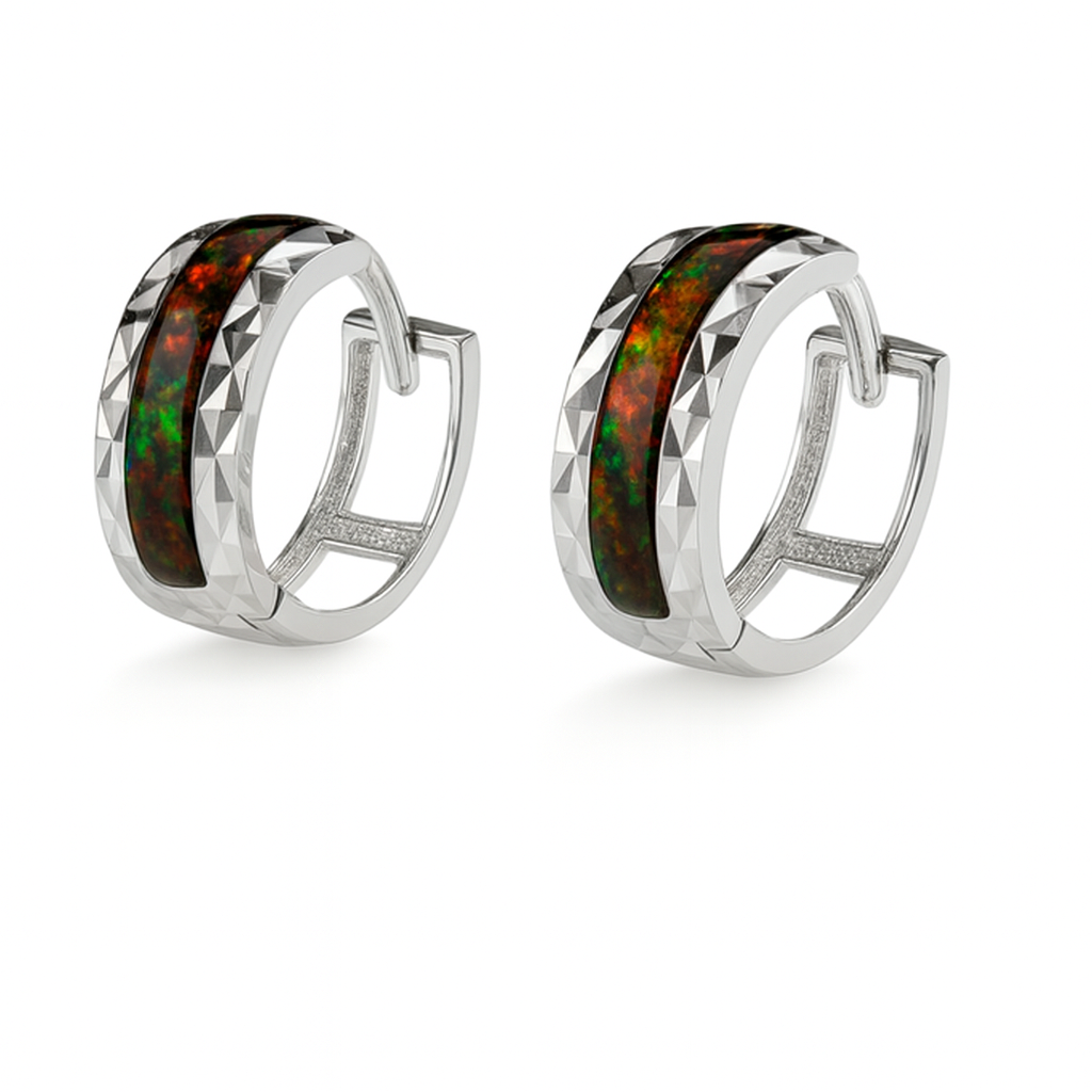 14k White Gold Black Opal Huggie Hoop Earrings