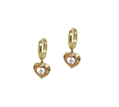 14k Yellow and Rose Gold Dangle Heart Hoop Huggie Earrings