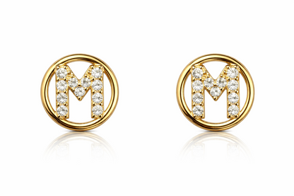 14k Yellow or White Gold Round Initial Letters CZ Stud Earrings