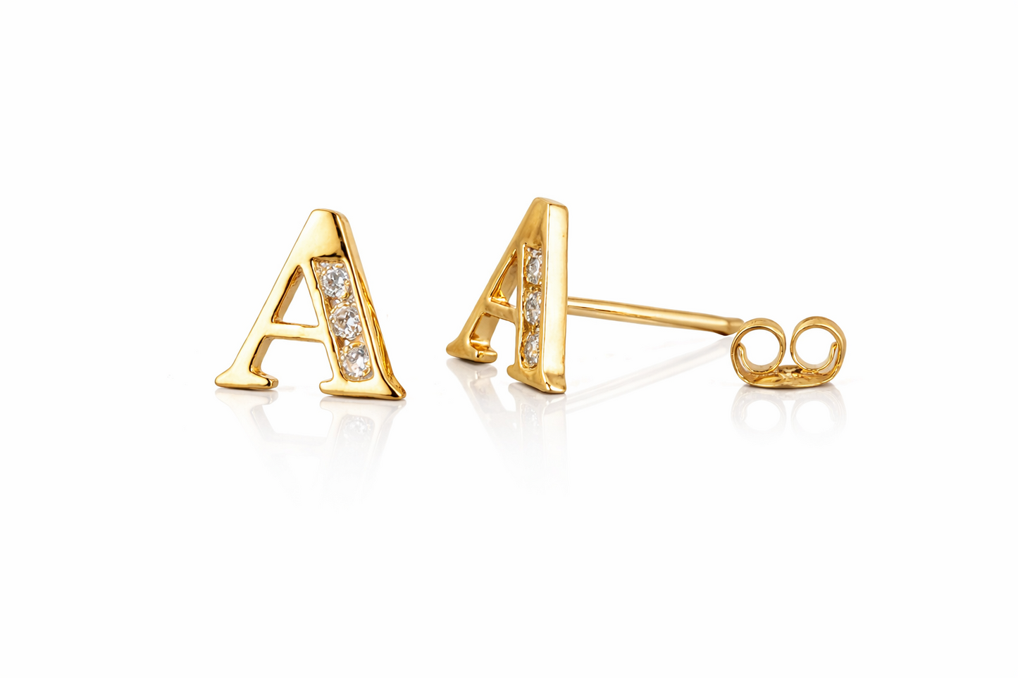 14k Yellow or White Gold Initial Letters CZ Stud Earrings