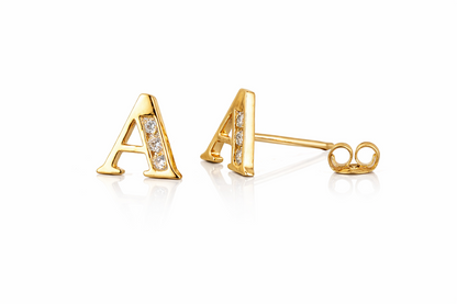 14k Yellow or White Gold Initial Letters CZ Stud Earrings