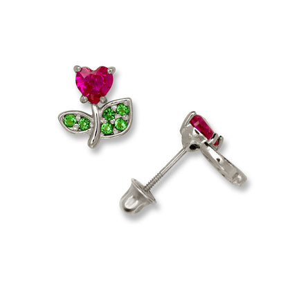 14K Yellow & White Gold Heart Shaped Ruby & Emerald Studs Earrings for Women