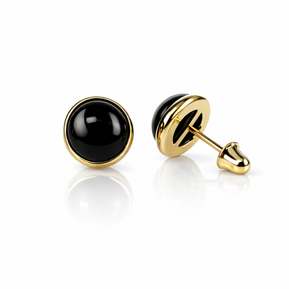 14K Yellow Gold Turquoise/Onyx/Coral Screw Back Solitaire Stud Earrings