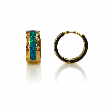 14k Yellow Gold Dark Green Opal Huggie Hoop Earrings