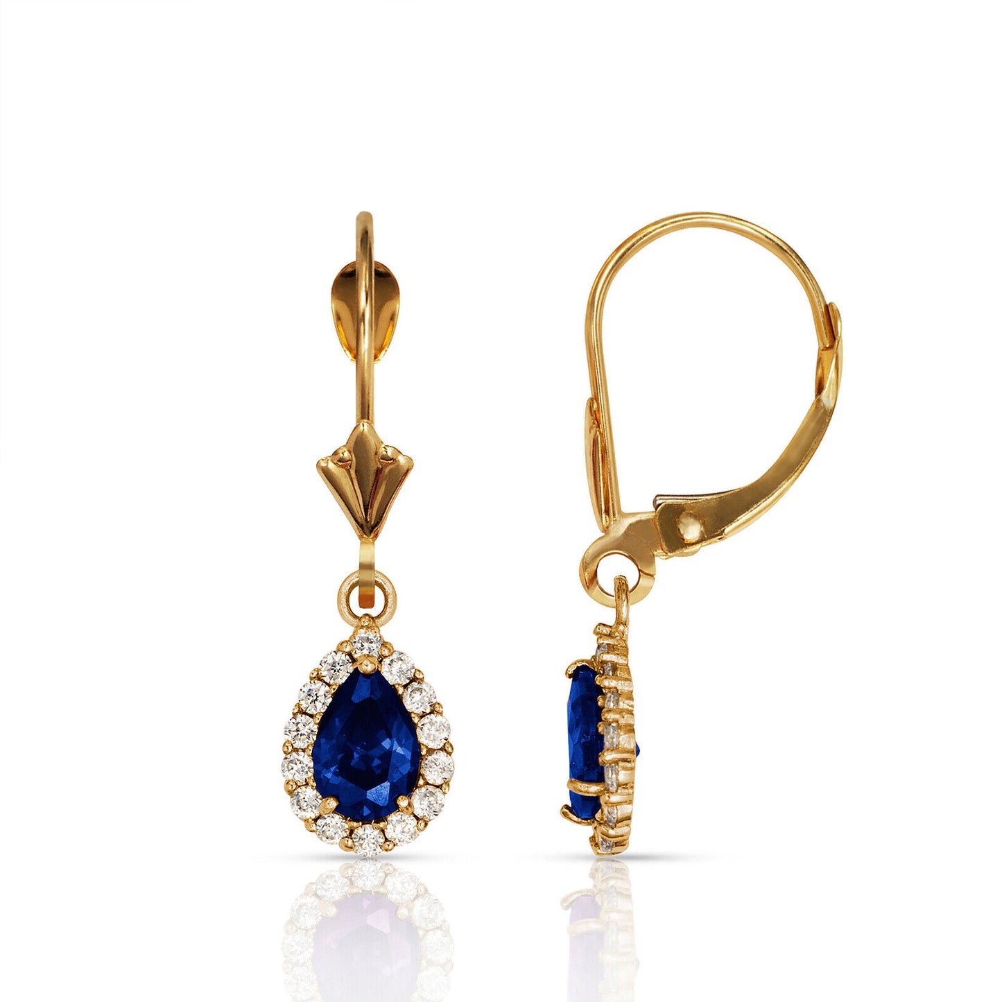 14k Yellow Gold Halo CZ Tear Drop Dangle Leverback Earrings