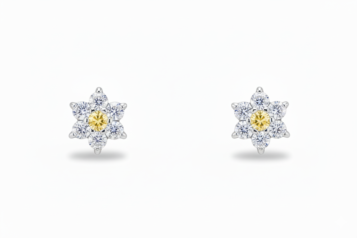 14K White Gold Classic Flower CZ  Stud Earrings for Women