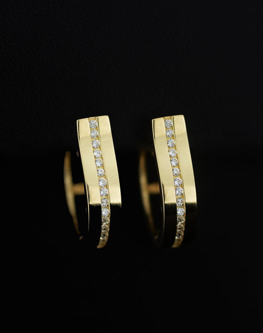 14k Yellow and White Gold One Row Channel Set Huggie Hoop Earrings