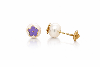 14k Yellow Gold Enamel Flower With Genuine Pearl Screw Back Stud Earrings
