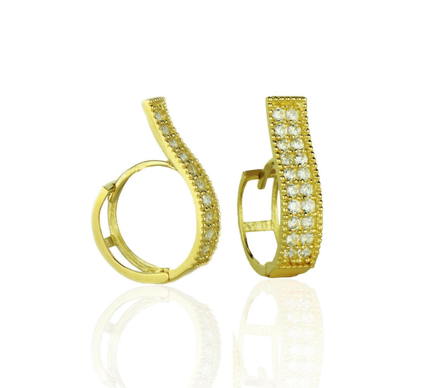 14k Yellow and White Gold Two Row CZ Pave Set Huggie Hoop Earrings