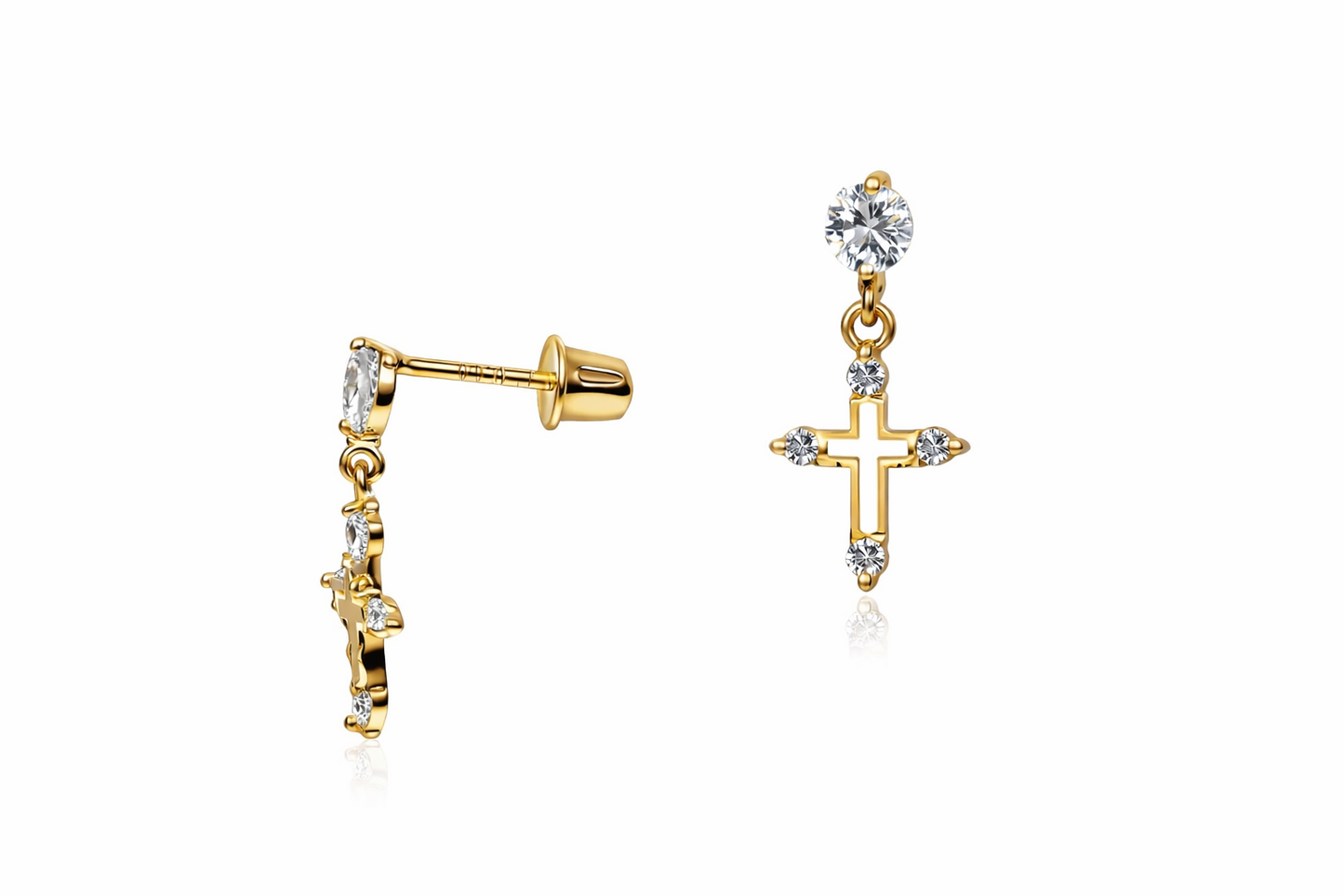 14K Yellow or White Gold Cubic Zirconia CZ Cross Dangle Earrings