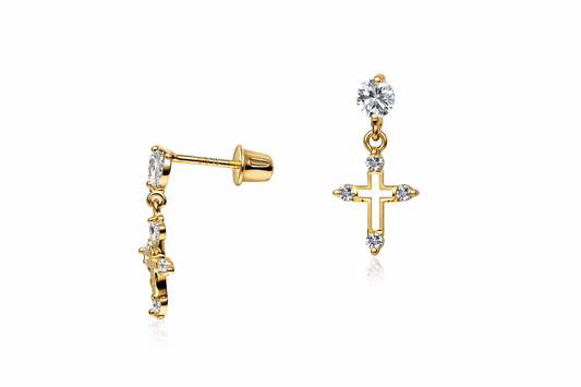 14K Yellow or White Gold Cubic Zirconia CZ Cross Dangle Earrings