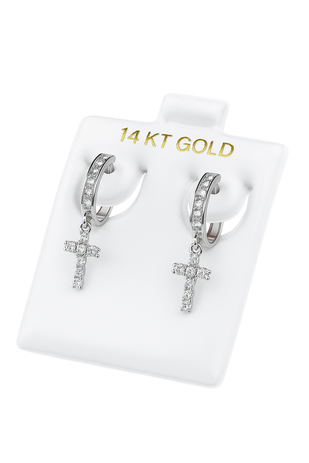 14k Yellow/White Gold Cross Dangle Hoop Huggie CZ Earrings
