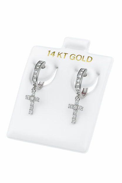 14k Yellow/White Gold Cross Dangle Hoop Huggie CZ Earrings