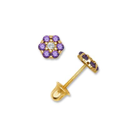 14K Yellow & White Gold Beautiful CZ Flower Stud Earrings for  Girls
