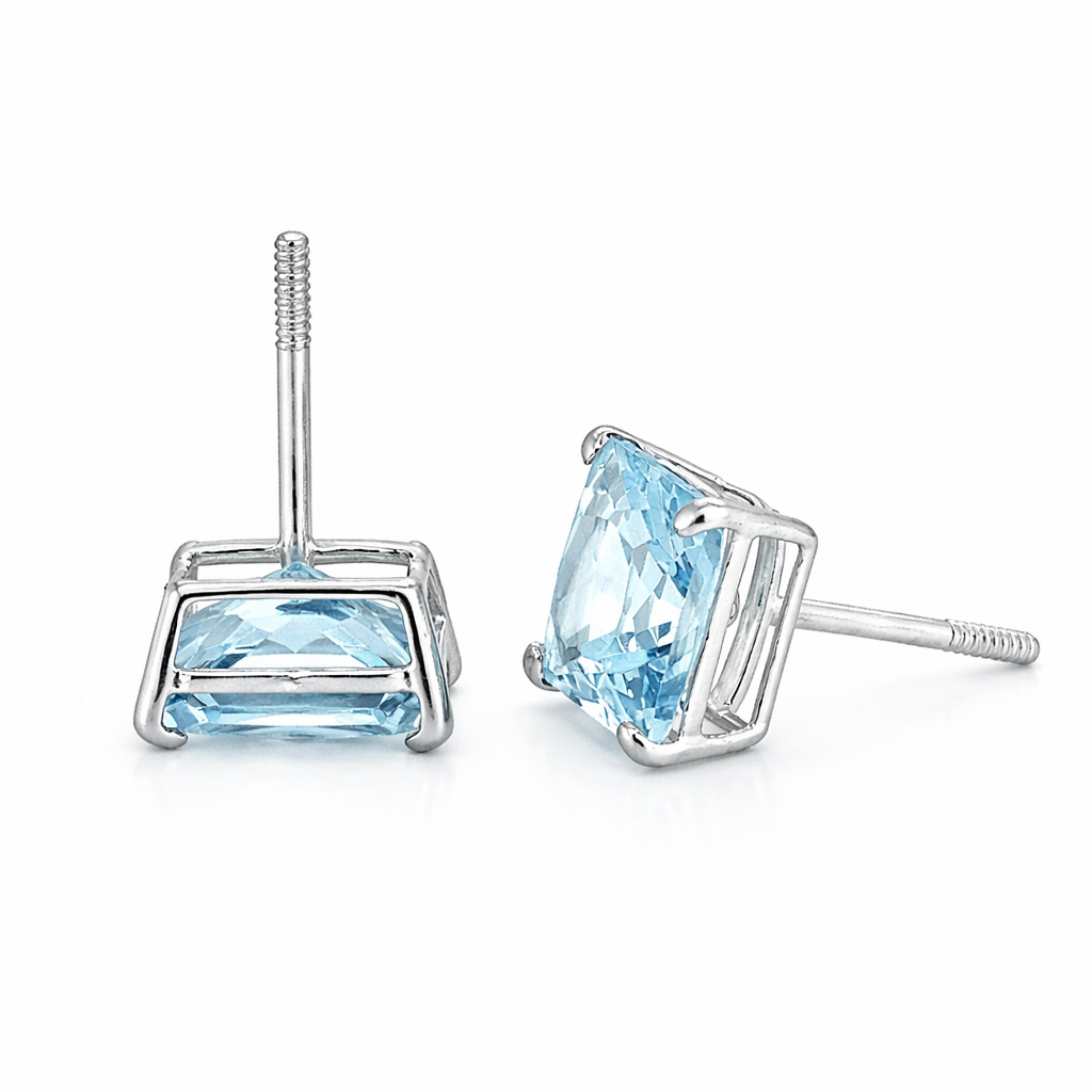 14K Solid White Gold Square Princess Cut CZ Birthstone Stud Earrings All Size