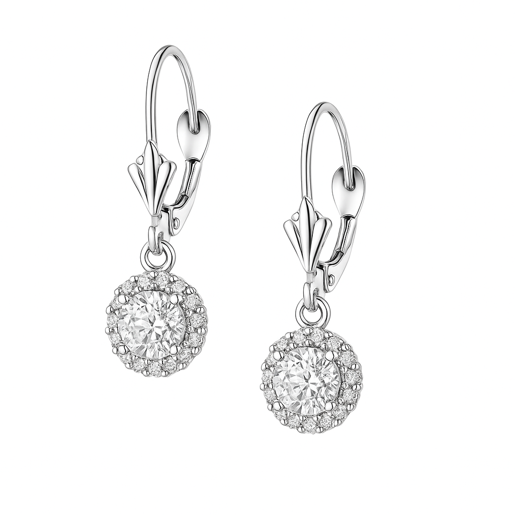 14k White Gold Halo Dangle Round Leverback Pierced Earrings Birthstone