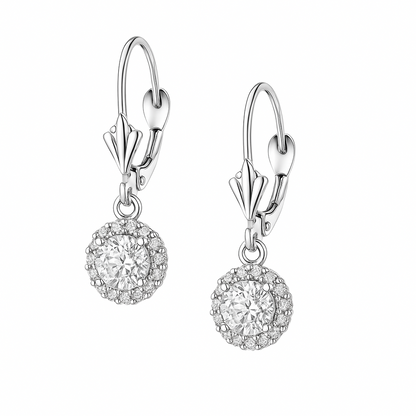 14k White Gold Halo Dangle Round Leverback Pierced Earrings Birthstone