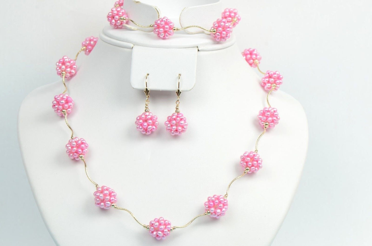 14k Yellow Gold Genuine dyed Pearl Jewelry set (necklace,bracelet,earrings)