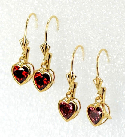 14k Yellow Gold Bezel Heart Birthstone Dangle Leverback Pierced Earrings  6x6 MM