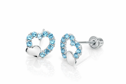 14K Yellow or White Gold Double Heart Stud Earrings with CZ  (Cubic Zirconia)
