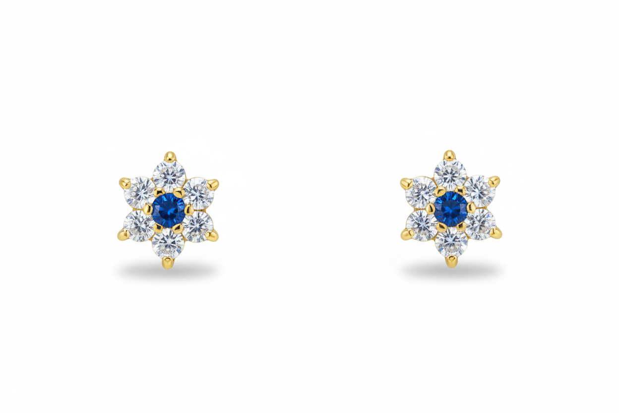 14K Yellow Gold Classic Flower CZ  Stud Earrings for Women