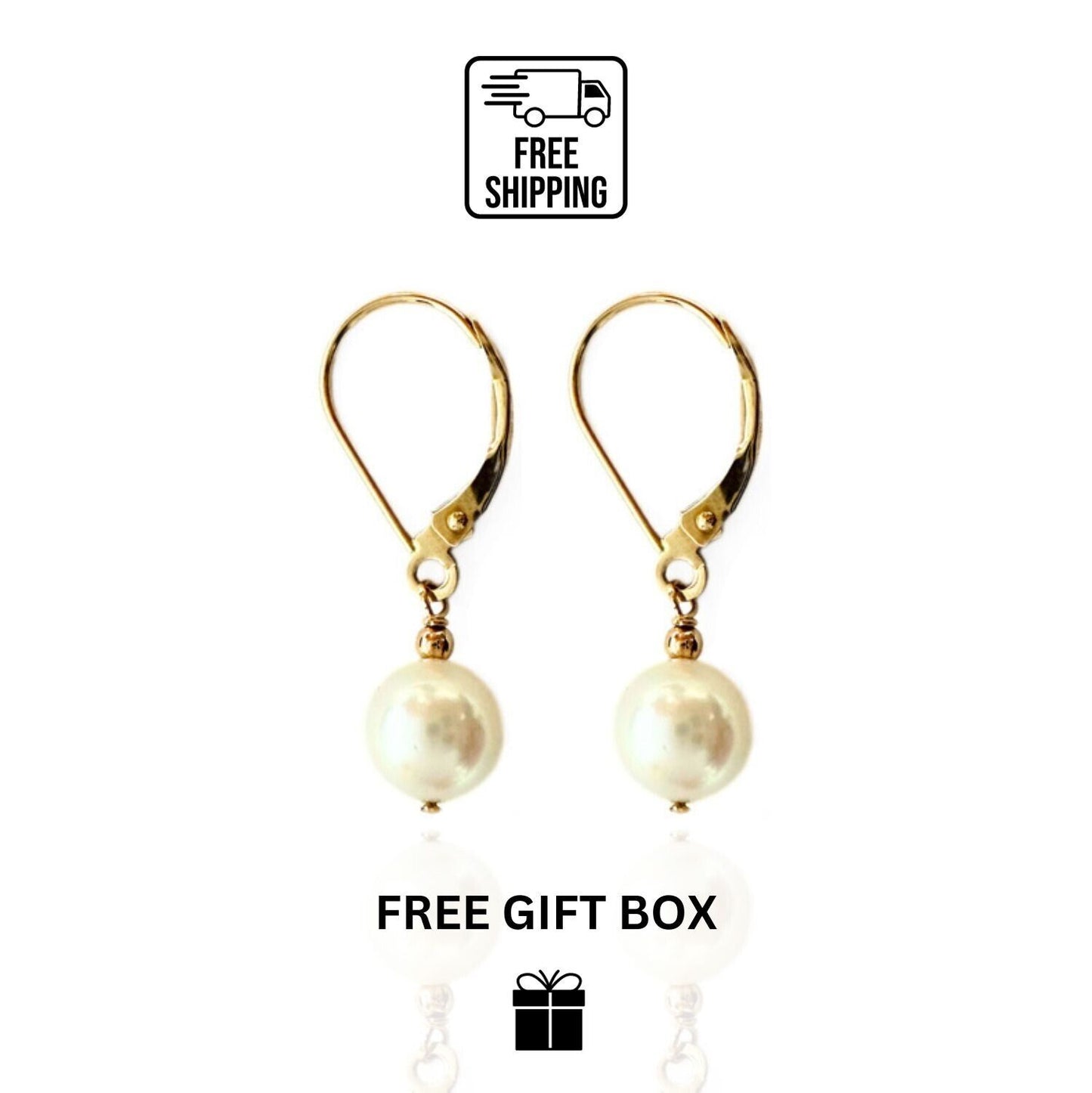 14K Gold Lever Back Earrings with Genuine Freshwater Cultured Pearl 8mm